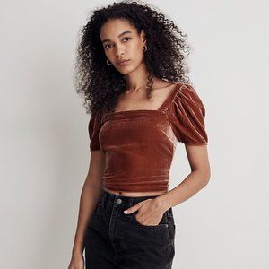 Madewell Hopewell Puff-Sleeve Crop Top in Silk-Blend Velvet - NWOT